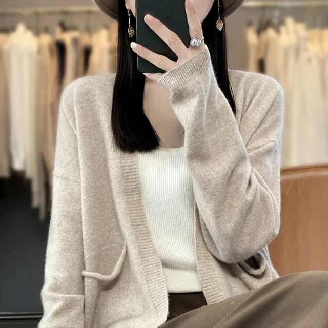 Spring And Autumn New Cardigan Solid Color And V neck Thin Loose Slimming And All matching Coat With Pocket Camel - Shop at LoveMi