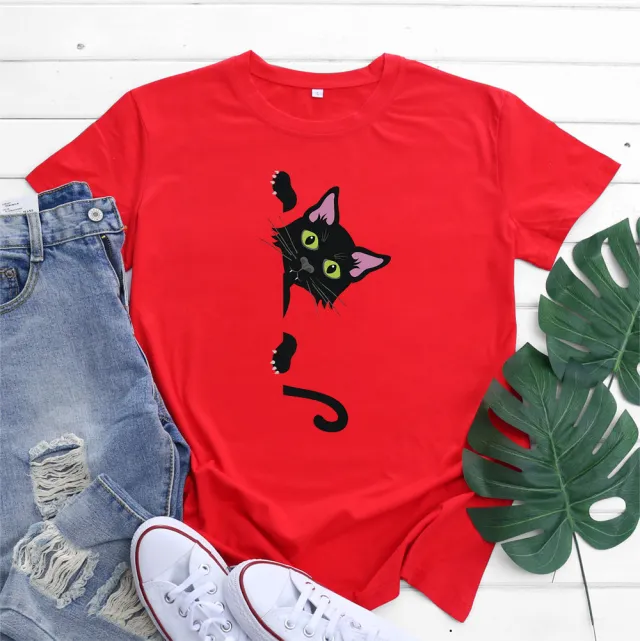 Cotton Cat Printing Short Sleeve Red - Shop at LoveMi