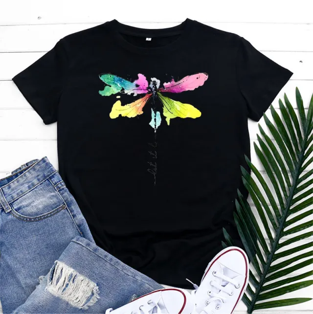 Women's Fashion Casual Dragonfly Printed Round Neck Short Sleeve T shirt Top Black - Shop at LoveMi