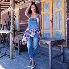 Women's Classic Loose-fit Denim Overalls - Blue - View 1