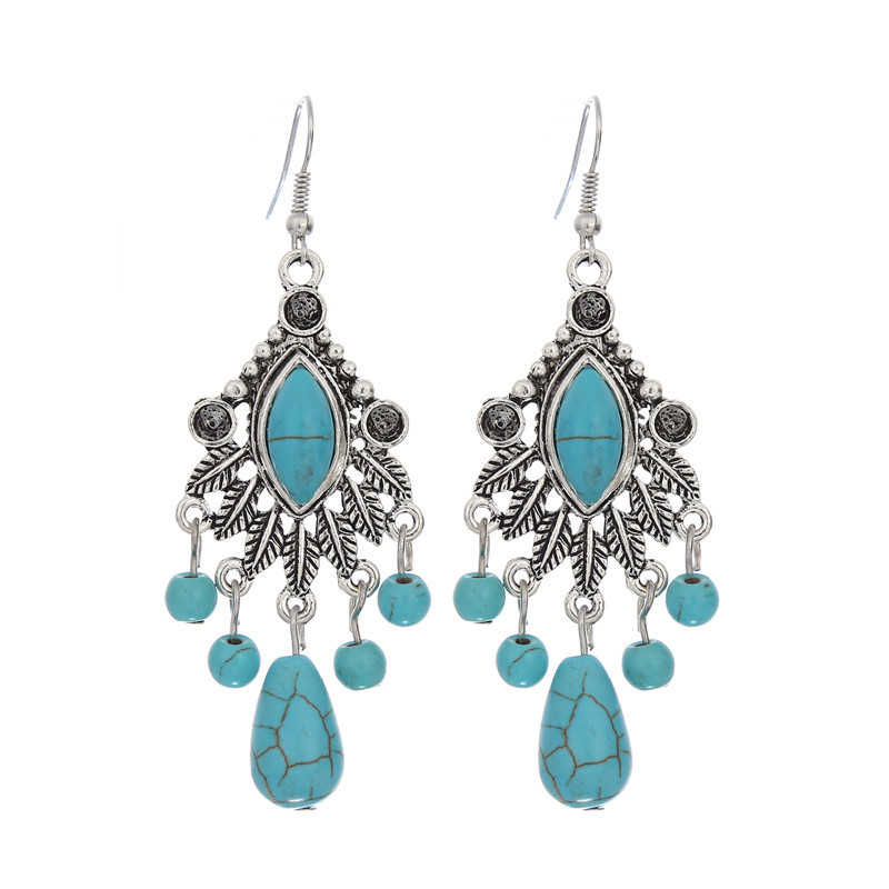 Fashionable Bohemian Vintage Carved Turquoise Teardrop Tassel Earrings