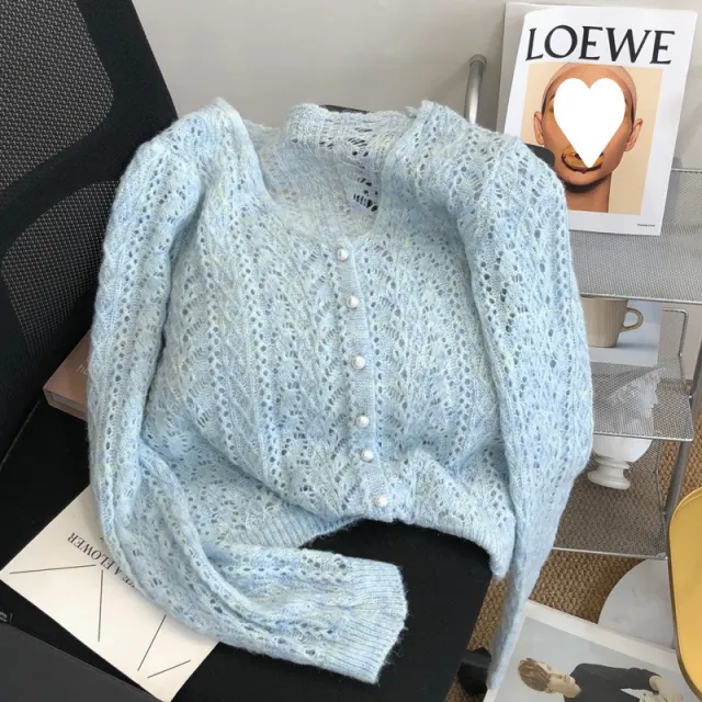Cropped Sweater Coat Women's Knitted Cardigan Blue - Shop at LoveMi
