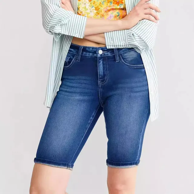 New Women's Slim Fit All match Embossed Button Denim Shorts Navy Blue - Shop at LoveMi