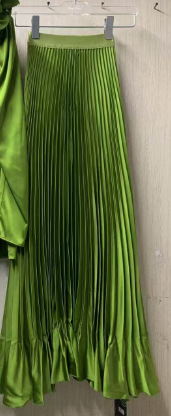 V neck Three dimensional Flower Loose Shirt Stretch Belt Pleated Skirt Suit Green Skirt - Shop at LoveMi