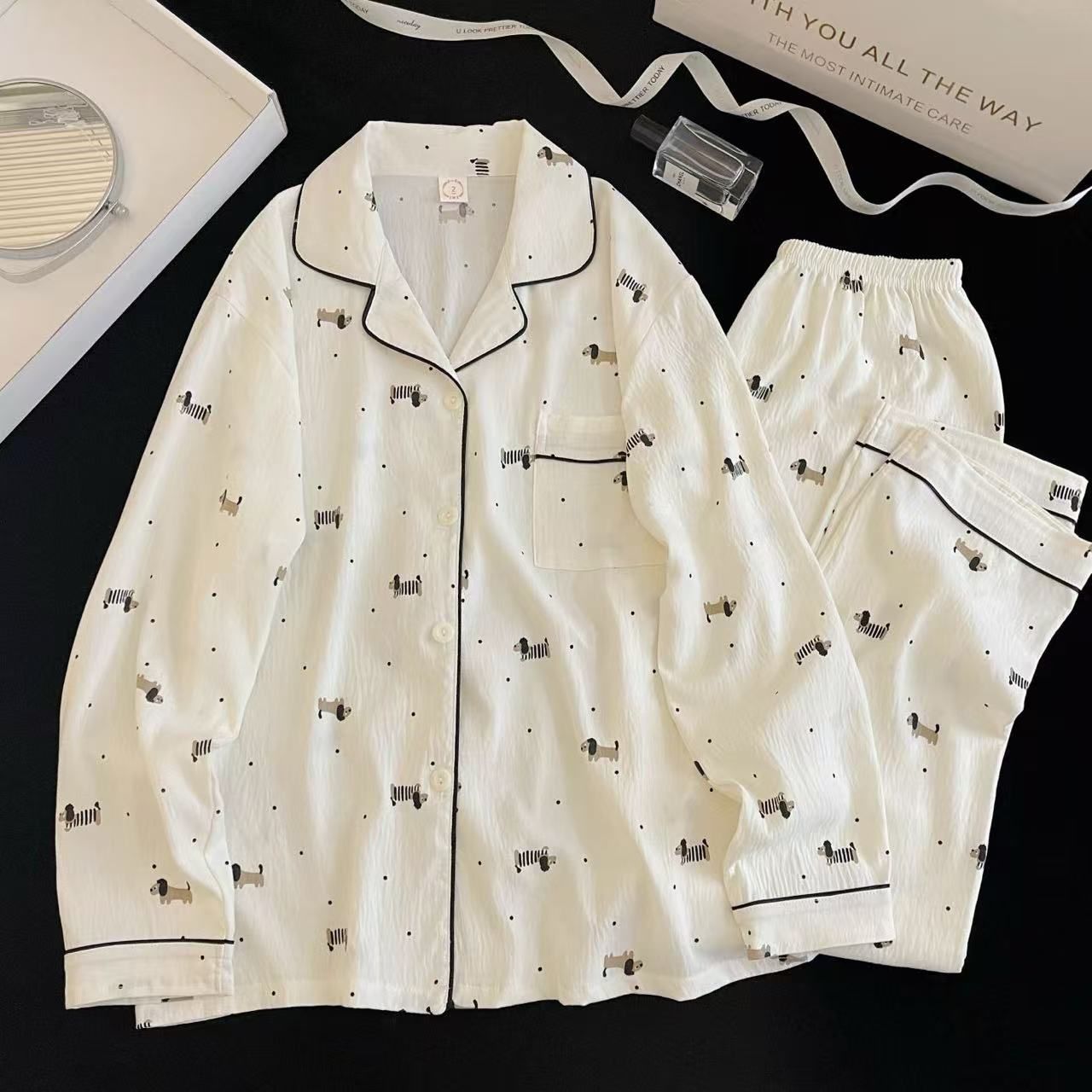 Notch-collar Cloud-pattern Cotton Long-sleeve Loungewear Set