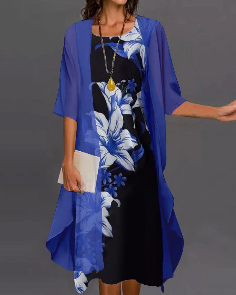 Two-piece Floral Print Mid-length Sleeves Long Dress