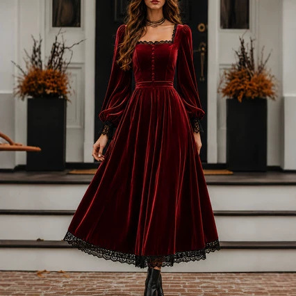 Square-neck Lace-panel Velvet Dress — foto 4