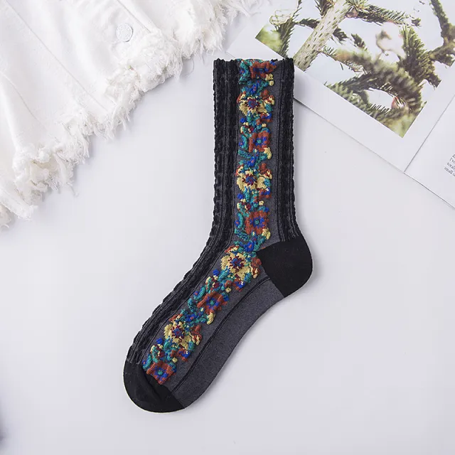 Autumn And Winter New Cotton Retro Hemp Pattern Women's Mid calf Length Sock Stockings Black - Shop at LoveMi