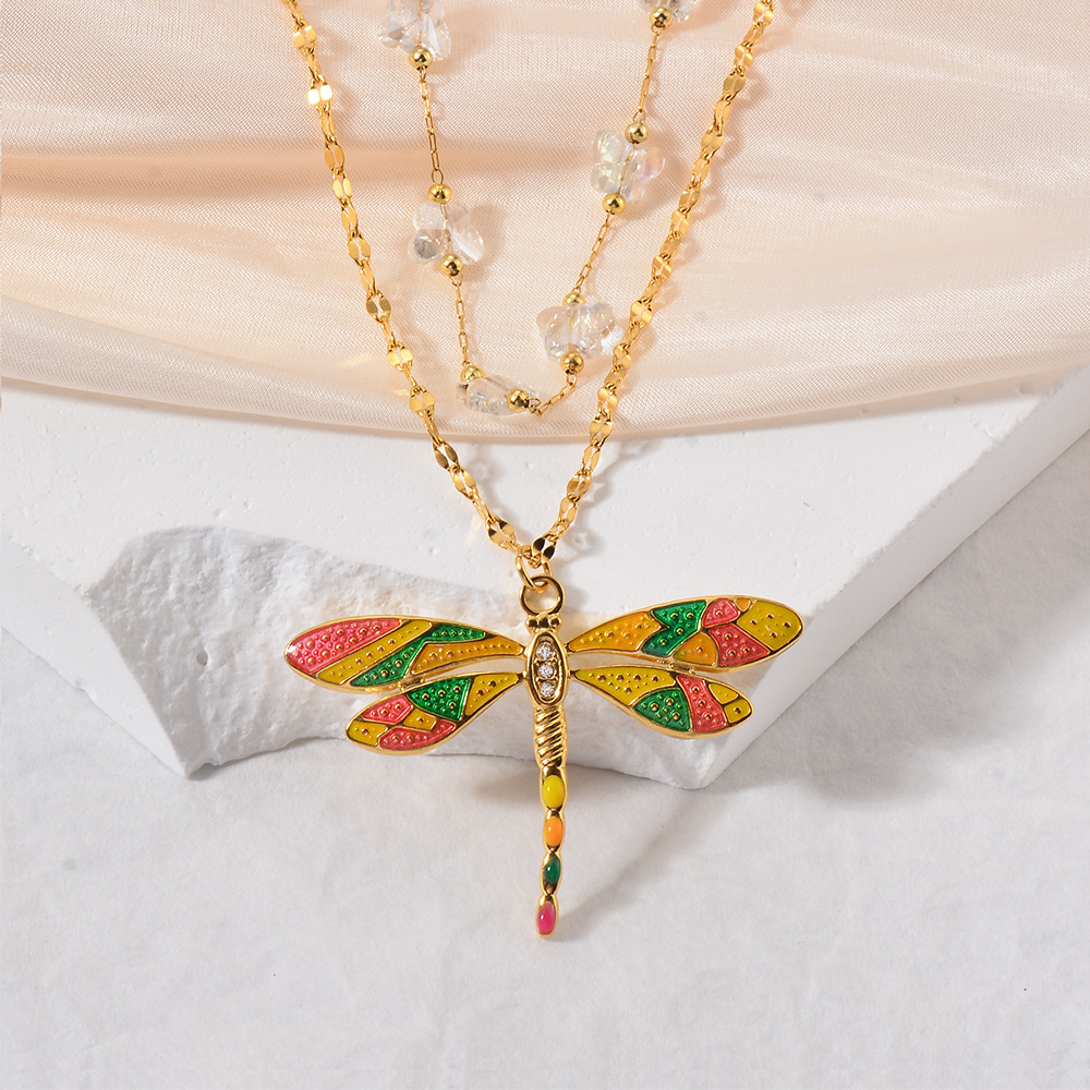 Colorful Dragonfly Pendant Gold Beaded Titanium Steel Women's Double-layer Necklace