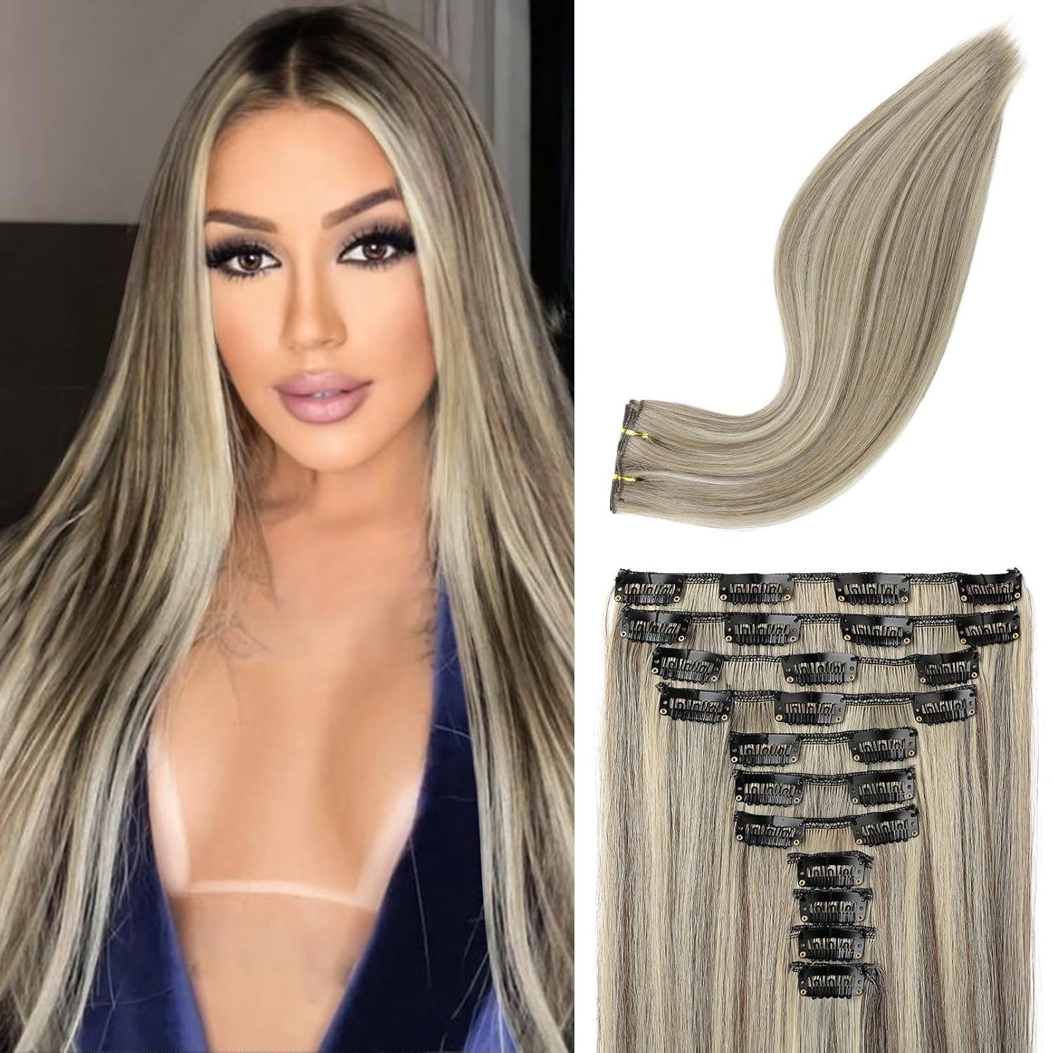 11-piece 24-inch Long Straight Hair Extension Black Wig Pieces