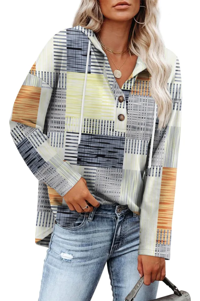 Women's Top V neck Buttons Long sleeved Sweater Shirt Multicolor Stripe - Shop at LoveMi