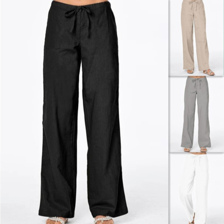 Solid-color Drawstring-pocket Loose Casual Wide-leg Linen Pants