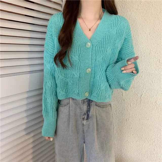 Women's Spring Loose Small Short Knitted Cardigan Coat Retro Sweater Blue - Shop at LoveMi