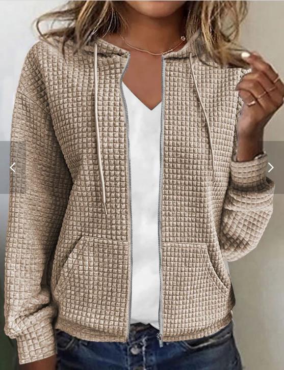 Womens Solid Color Hooded Zip Up Loose Long Sleeve Jacquard Sweatshirt