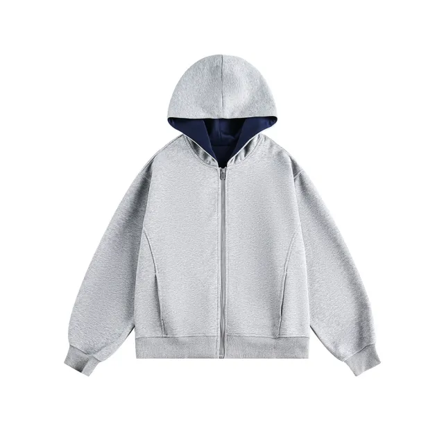 American Retro Contrast Color Cardigan Hoodie Flower Gray Navy Blue - Shop at LoveMi