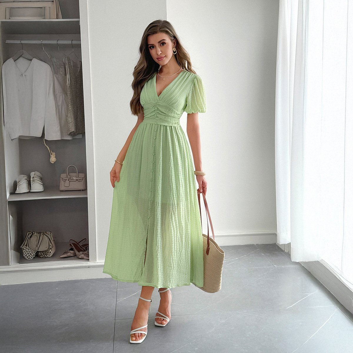 Elegant Vacation Style Deep V Short Sleeve Maxi Dress Green - Shop at LoveMi