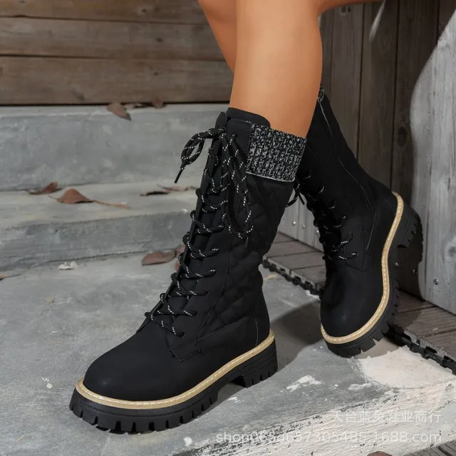 Check The Color matched Front lace up Thick heeled Martin Boots Black - Shop at LoveMi