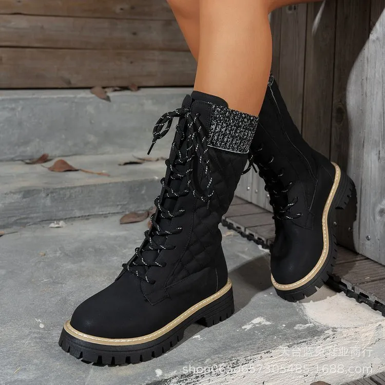 Check The Color-matched Front-lace-up Thick-heeled Martin Boots - Black