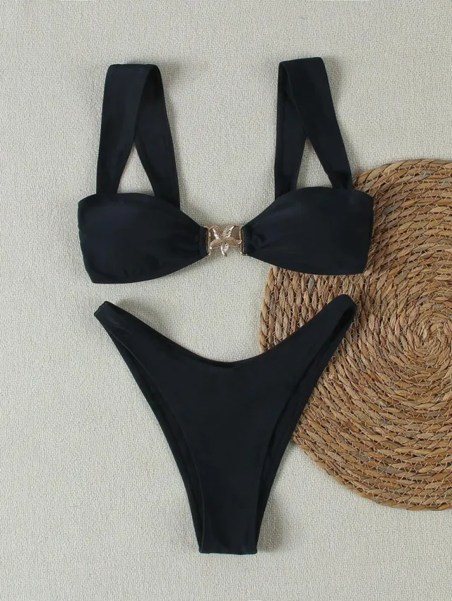 Cross border Swimsuit Metal Decoration Pure Color Bikini Wide Shoulder Strap Sexy Swimsuit Black - Shop at LoveMi