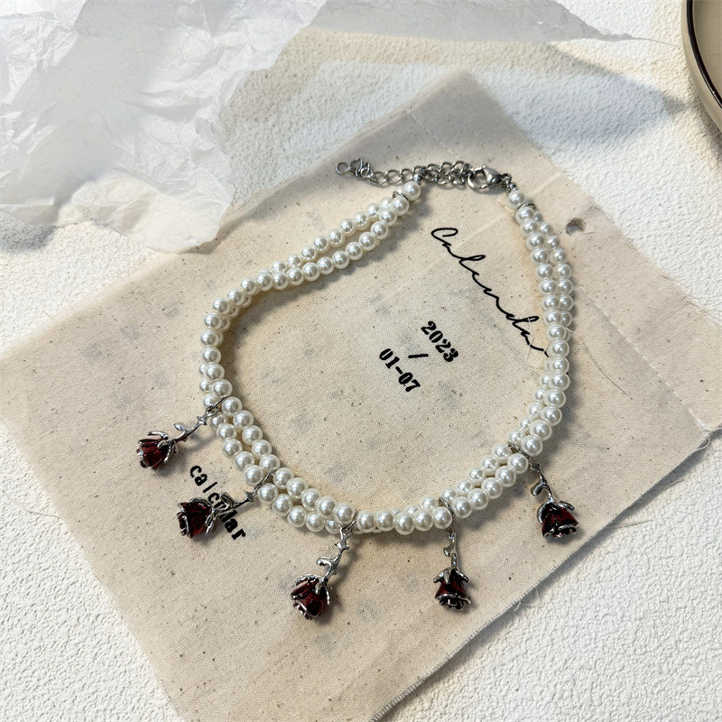 Retro Thorn Rose Double-layer Pearl Necklace Women