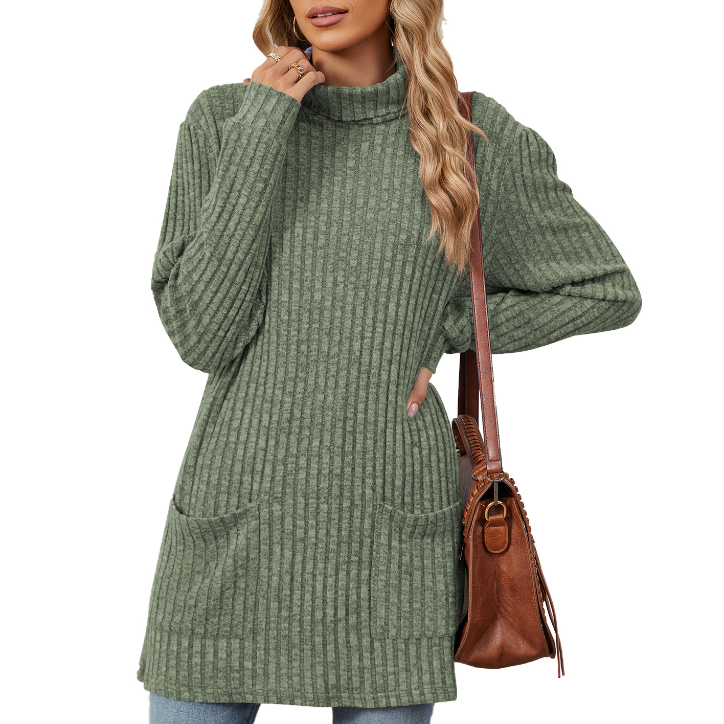 Mock-neck Long-sleeve Casual Womens Top With Pockets