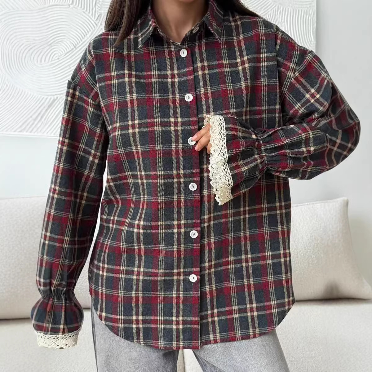 Womens Retro Loose-Fit Plaid Shirt
