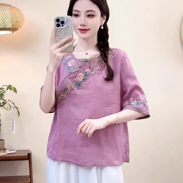 Women's Embroidered Button Cotton Linen Short Sleeve ShirtThree Quarter Sleeve Top Purple - Shop at LoveMi