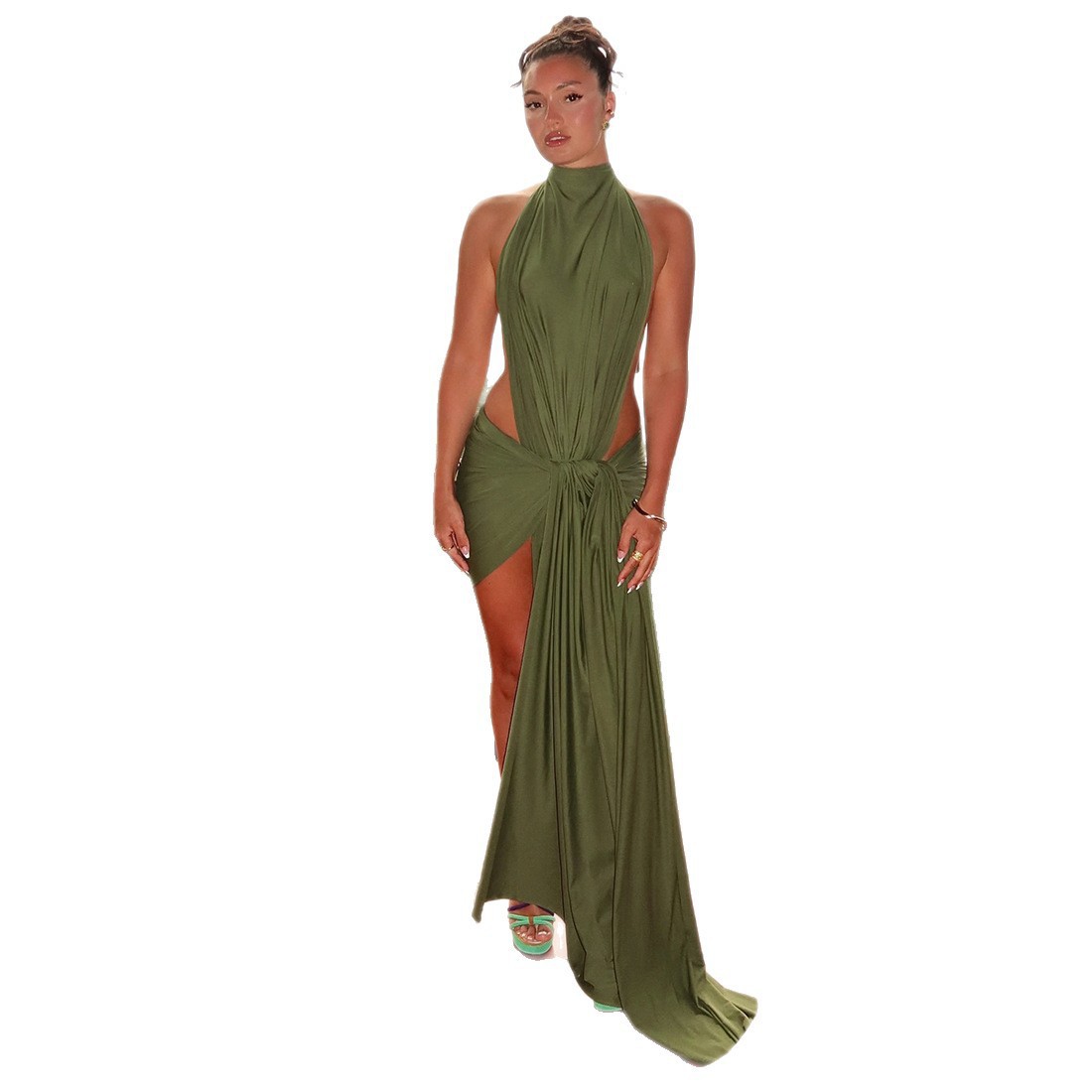 Womens Halter-Neck Lace-Up Elegant Solid-Color Off-Shoulder Bodycon Dress