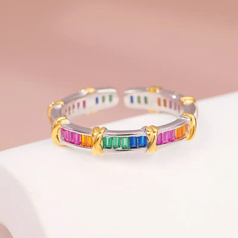 925 Sterling Silver Rainbow Cross Ring Dopamine Adjustment