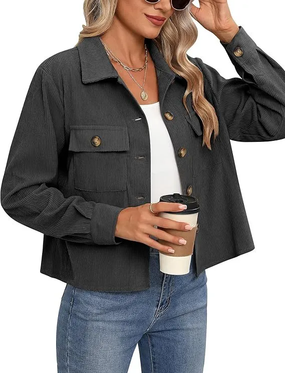 Short Corduroy Button Navel Jacket Short Coat Cross Border Dark Gray - Shop at LoveMi