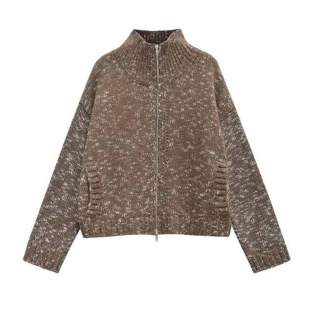 Spring Zipped Stand Collar Short Long Sleeve Knitted Coat Brown - Shop at LoveMi
