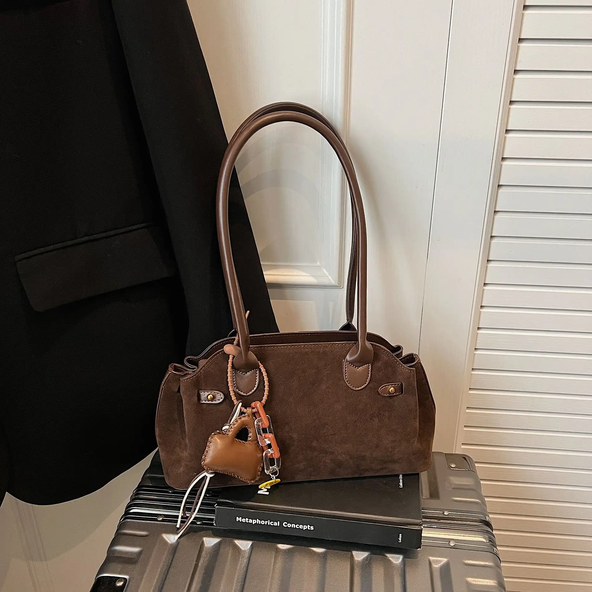 Womens Fashionable All-Match Color-Block Suede Velvet Hand Bag