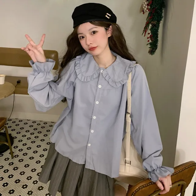 French Style Retro Peter Pan Collar Shirt For Women Gray - Shop at LoveMi