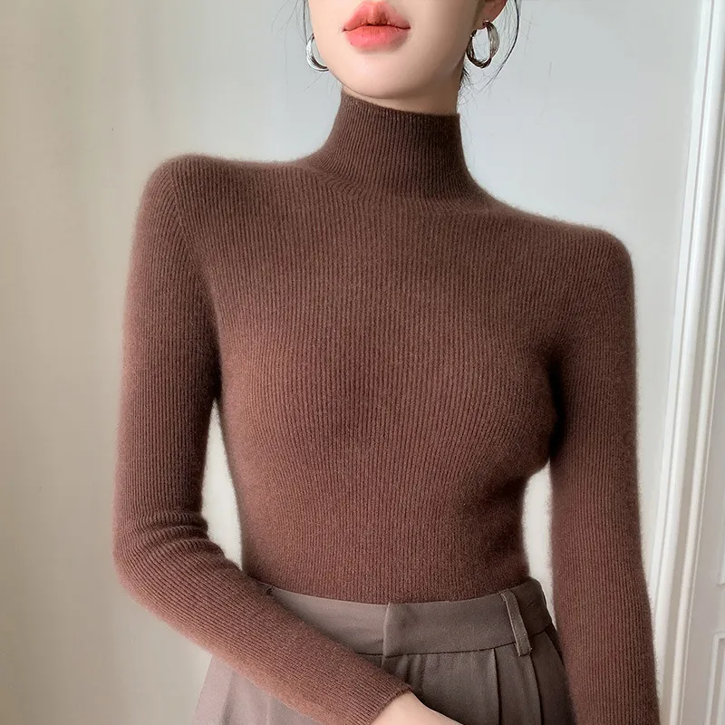 Women's Autumn And Winter Seamless Stand Collar Solid Colour Turtleneck Sweater - Brown