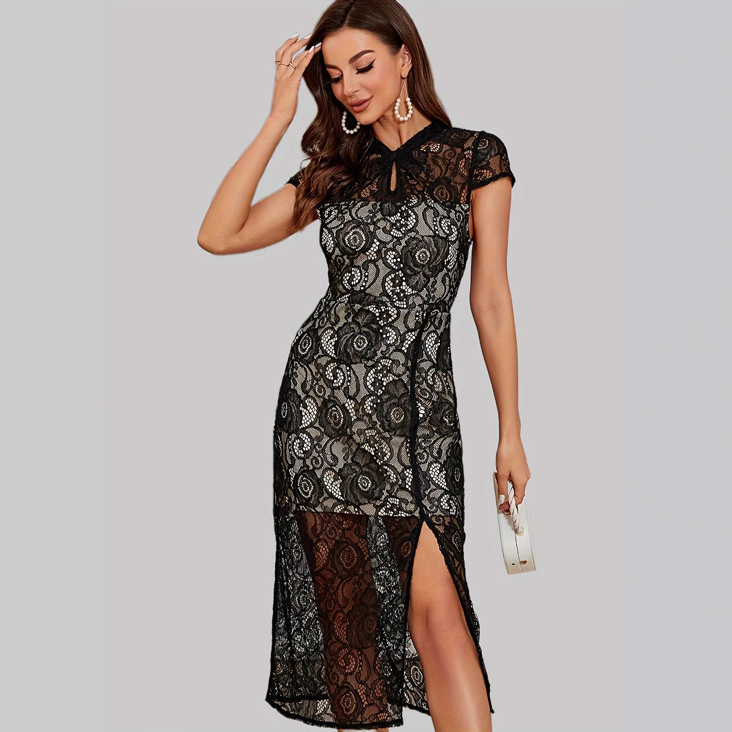 Slim-fit Slimming Mid-length Slit Lace Sheath Dress