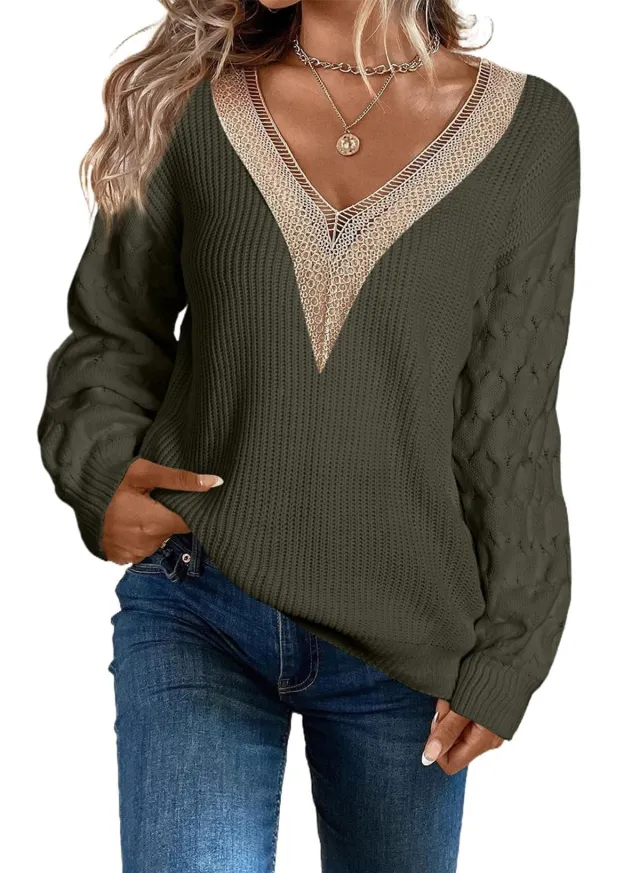 Sexy Lace V neck Knitted Drop shoulder Pullover Sweater Top Green - Shop at LoveMi