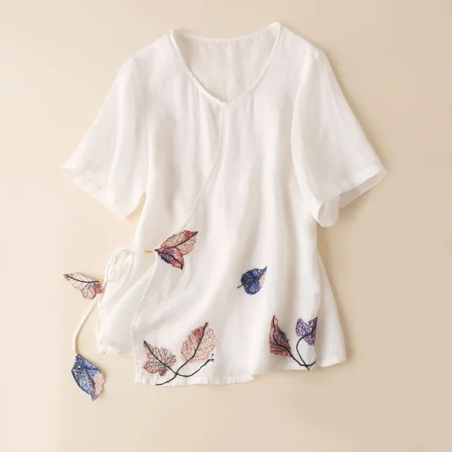 Retro Artistic Ramie Top Embroidery Tie neck Loose Slimming Diagonal White - Shop at LoveMi