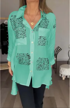 Letter Print Long Sleeve Shirt Fashion Commuter Style Lapel Shirt Women's Clothing - Green - View 1