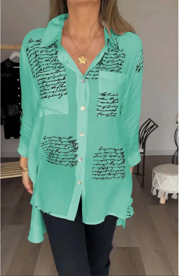 Letter Print Long Sleeve Shirt Fashion Commuter Style Lapel Shirt Women's Clothing Light Green - Shop at LoveMi