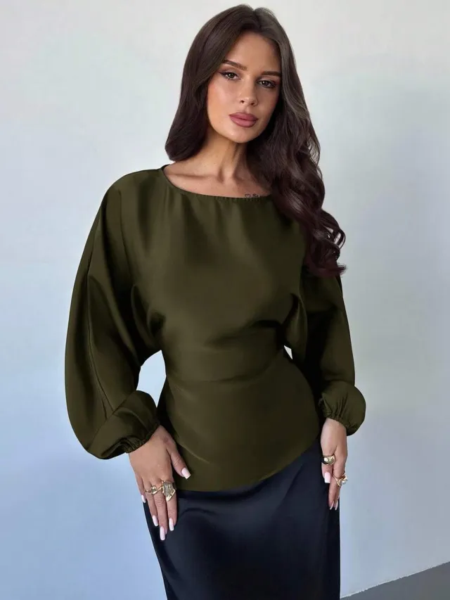 Casual Round Neck Lace up Waist Shirt For Women Green - Shop at LoveMi