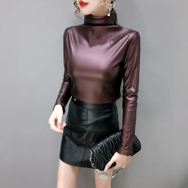 Autumn And Winter Fleece lined Thick Leather Coat Turtleneck Bottoming Shirt For Women Wine - Shop at LoveMi