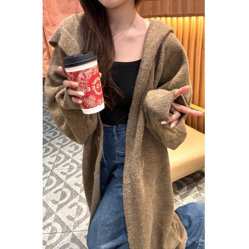 Korean Style Idle Style Hooded Long Below The Knee Knitted Cardigan For Women - Brown