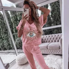 European And American Evil Eye Sequined Pattern Short-sleeved Trousers Fashion Casual Set - Pink - View 1