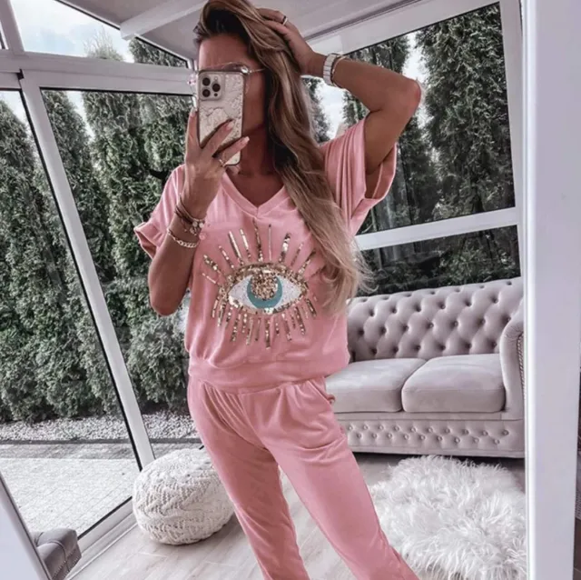 European And American Evil Eye Sequined Pattern Short sleeved Trousers Fashion Casual Set Pink - Shop at LoveMi