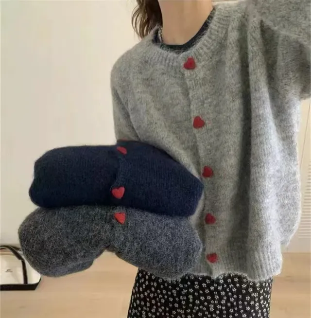 Round Neck All matching Design Love Girl Buckle Knitted Cardigan Sweater Coat For Women Light Gray - Shop at LoveMi
