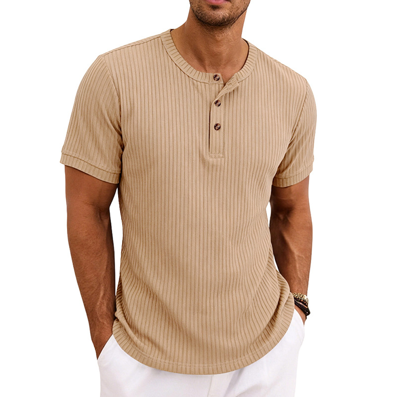 Summer New Men's Henley-Neck Ribbed T-Shirt