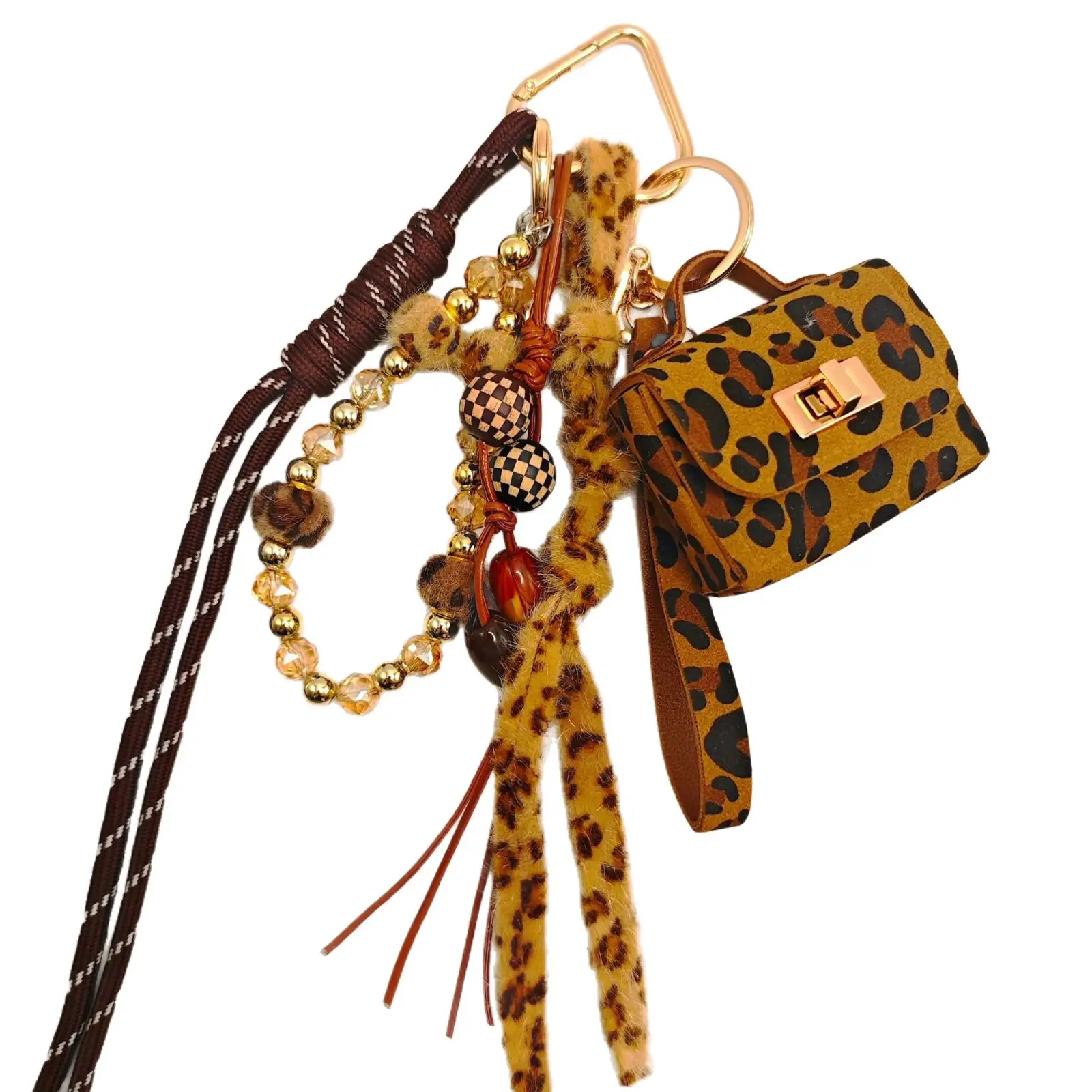 Keychain Crystal Bead Braided Cord Wooden Beads
