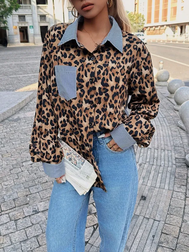 INS Leopard Striped Patchwork Shirt Fashion Casual Long sleeved Button Lapel Top Women's Clothing Leopard - Shop at LoveMi