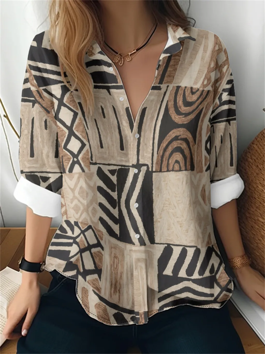 Women's 3D Printed Floral Pattern Long-sleeved Shirt - Floral