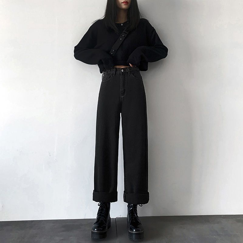 Plus Size Fleece Padded Jeans High Waist Loose Wide Leg Pants